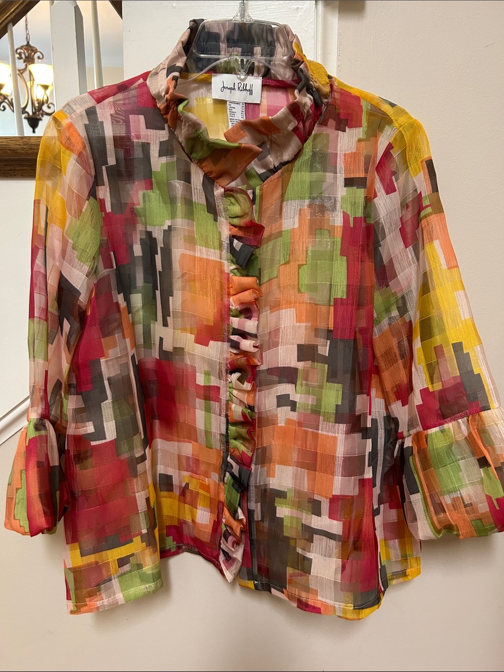 Joseph Ribkoff Size 10 Pixelated Geometric Ruffle-Front Sheer Blouse - Picture 6 of 16